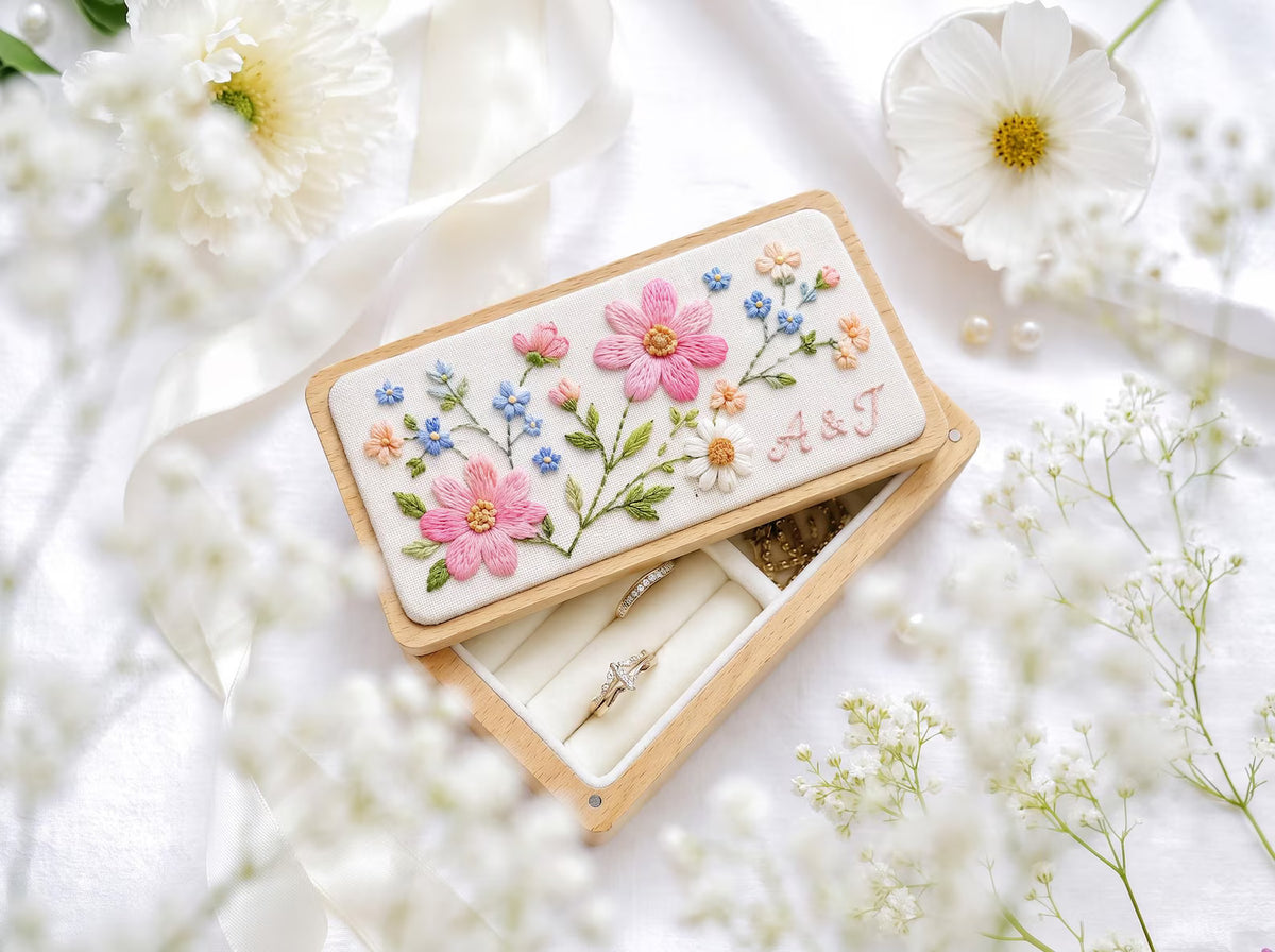 Personalized Pink Cosmos Wedding Ring Box, Hand Embroidered Forget Me Not and Daisy Wooden Jewelry Box, Custom Initials Bridal Keepsake Gift