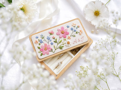 Personalized Pink Cosmos Wedding Ring Box, Hand Embroidered Forget Me Not and Daisy Wooden Jewelry Box, Custom Initials Bridal Keepsake Gift