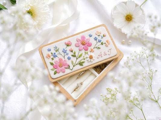 Personalized Pink Cosmos Wedding Ring Box, Hand Embroidered Forget Me Not and Daisy Wooden Jewelry Box, Custom Initials Bridal Keepsake Gift