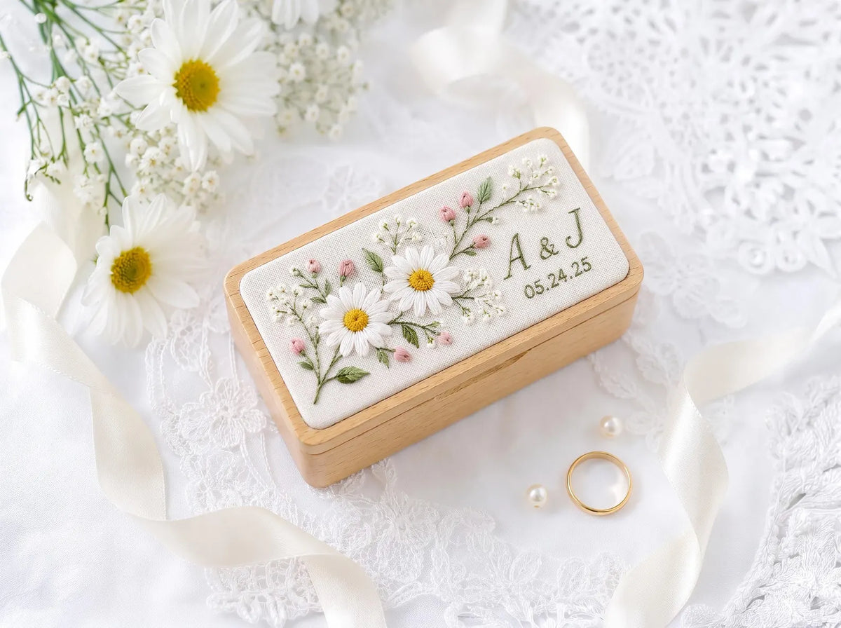 Personalized Hand Embroidered Wooden Ring Box, Daisy Wedding Ring Holder, Custom Initials and Date, Floral Heirloom Engagement Keepsake Gift