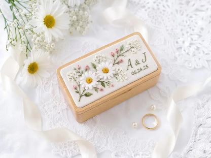 Personalized Hand Embroidered Wooden Ring Box, Daisy Wedding Ring Holder, Custom Initials and Date, Floral Heirloom Engagement Keepsake Gift