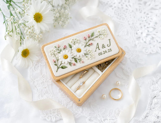 Personalized Hand Embroidered Wooden Ring Box, Daisy Wedding Ring Holder, Custom Initials and Date, Floral Heirloom Engagement Keepsake Gift