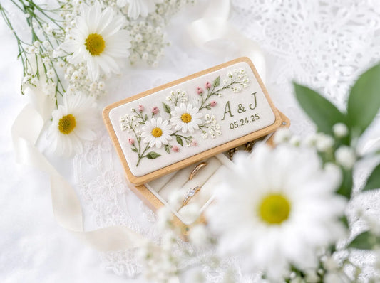 Personalized Hand Embroidered Wooden Ring Box, Daisy Wedding Ring Holder, Custom Initials and Date, Floral Heirloom Engagement Keepsake Gift