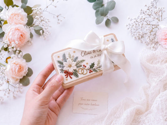 Personalized Wedding Ring Box, Hand Embroidered Wooden Ring Holder, Custom Names and Date, Winter Botanical Christmas Heirloom Keepsake Gift