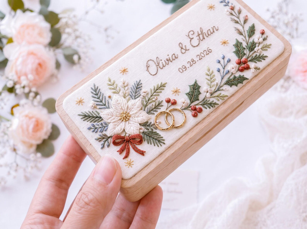 Personalized Wedding Ring Box, Hand Embroidered Wooden Ring Holder, Custom Names and Date, Winter Botanical Christmas Heirloom Keepsake Gift