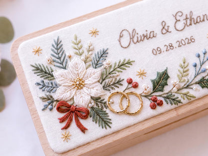 Personalized Wedding Ring Box, Hand Embroidered Wooden Ring Holder, Custom Names and Date, Winter Botanical Christmas Heirloom Keepsake Gift