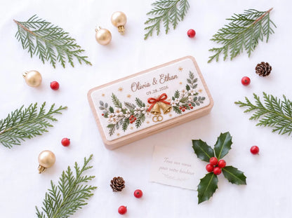 Personalized Christmas Wedding Ring Box, Hand Embroidered Wooden Ring Holder, Custom Names and Date, Evergreen Bridal Heirloom Keepsake Gift