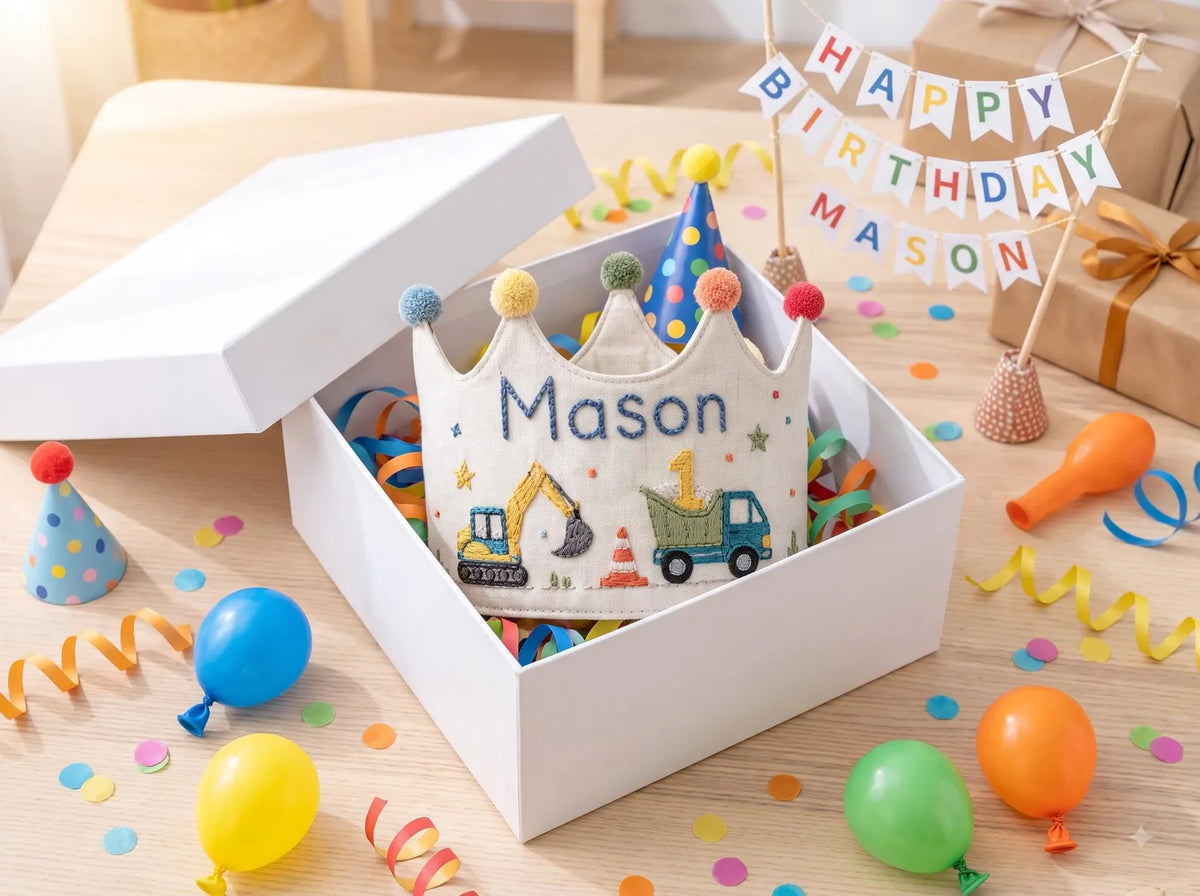 Personalized Construction Birthday Crown, Hand Embroidered Linen Party Hat, Custom Name and Age, First Birthday Gift for Little Boy Keepsake