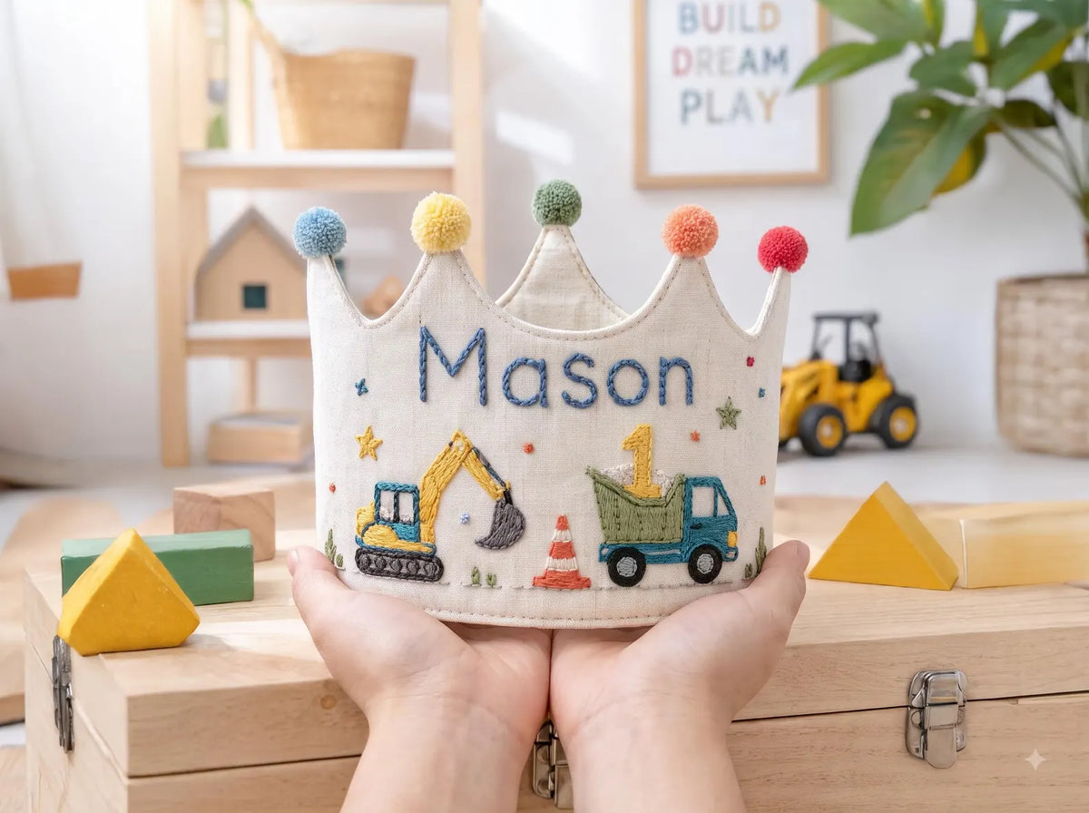 Personalized Construction Birthday Crown, Hand Embroidered Linen Party Hat, Custom Name and Age, First Birthday Gift for Little Boy Keepsake