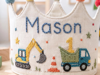 Personalized Construction Birthday Crown, Hand Embroidered Linen Party Hat, Custom Name and Age, First Birthday Gift for Little Boy Keepsake