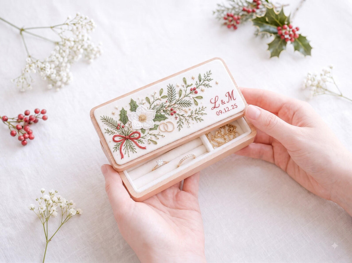 Personalized Wedding Ring Box, Hand Embroidered Wooden Ring Holder, Christmas Roses and Holly, Custom Initials & Date Heirloom Keepsake Gift