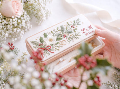 Personalized Wedding Ring Box, Hand Embroidered Wooden Ring Holder, Christmas Roses and Holly, Custom Initials & Date Heirloom Keepsake Gift