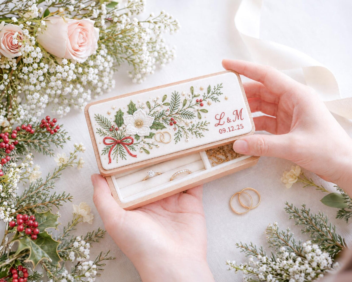 Personalized Wedding Ring Box, Hand Embroidered Wooden Ring Holder, Christmas Roses and Holly, Custom Initials & Date Heirloom Keepsake Gift