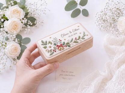 Personalized Christmas Wedding Ring Box, Hand Embroidered Wooden Ring Holder, Custom Names and Date, Evergreen Bridal Heirloom Keepsake Gift