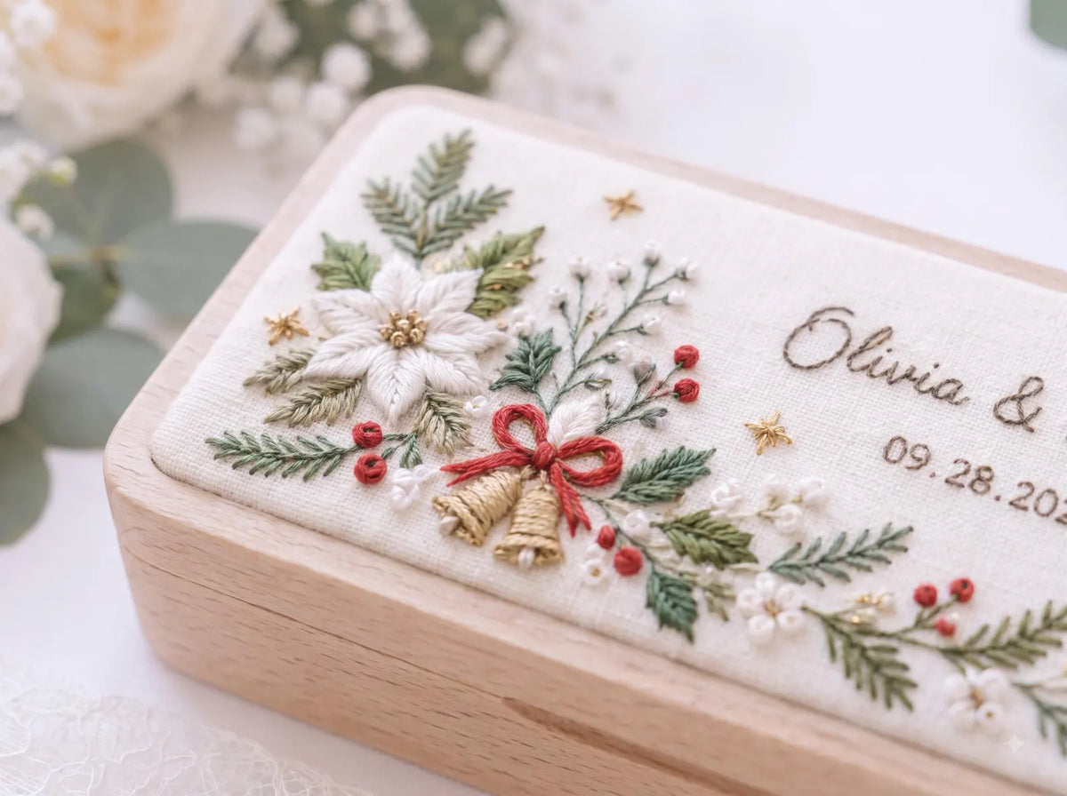 Personalized Christmas Wedding Ring Box, Hand Embroidered Wooden Ring Holder, Custom Names and Date, Evergreen Bridal Heirloom Keepsake Gift