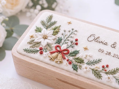 Personalized Christmas Wedding Ring Box, Hand Embroidered Wooden Ring Holder, Custom Names and Date, Evergreen Bridal Heirloom Keepsake Gift
