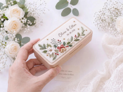 Personalized Christmas Wedding Ring Box, Hand Embroidered Wooden Ring Holder, Custom Names and Date, Evergreen Bridal Heirloom Keepsake Gift