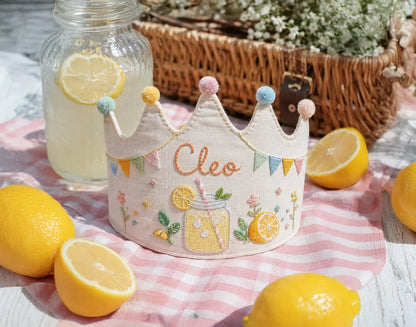 Personalized Birthday Crown, Hand Embroidered Lemon Party Hat, Custom Name Linen Crown, First Birthday Gift, Summer Picnic Keepsake for Kids