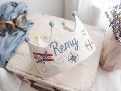 Personalized Birthday Crown, Hand Embroidered Airplane and Compass Party Hat, Custom Name Linen Crown, First Birthday Keepsake for Baby Boys