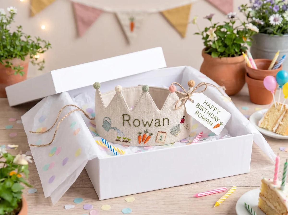 Personalized Birthday Crown, Hand Embroidered Garden Crown, Custom Name Linen Party Crown, First Birthday Keepsake Gift for Little Gardeners