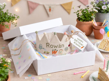 Personalized Birthday Crown, Hand Embroidered Garden Crown, Custom Name Linen Party Crown, First Birthday Keepsake Gift for Little Gardeners