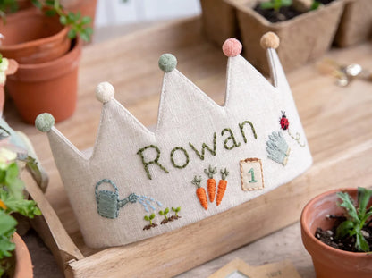 Personalized Birthday Crown, Hand Embroidered Garden Crown, Custom Name Linen Party Crown, First Birthday Keepsake Gift for Little Gardeners