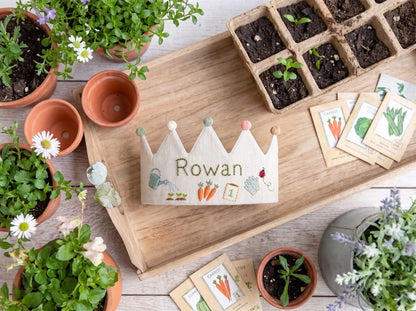 Personalized Birthday Crown, Hand Embroidered Garden Crown, Custom Name Linen Party Crown, First Birthday Keepsake Gift for Little Gardeners