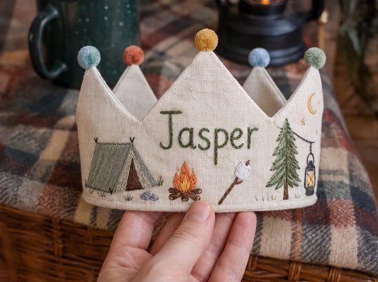 Personalized Birthday Crown, Hand Embroidered Camping Crown, Custom Name Linen Party Hat, Campfire Birthday Keepsake Gift for Little Campers