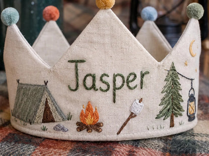 Personalized Birthday Crown, Hand Embroidered Camping Crown, Custom Name Linen Party Hat, Campfire Birthday Keepsake Gift for Little Campers