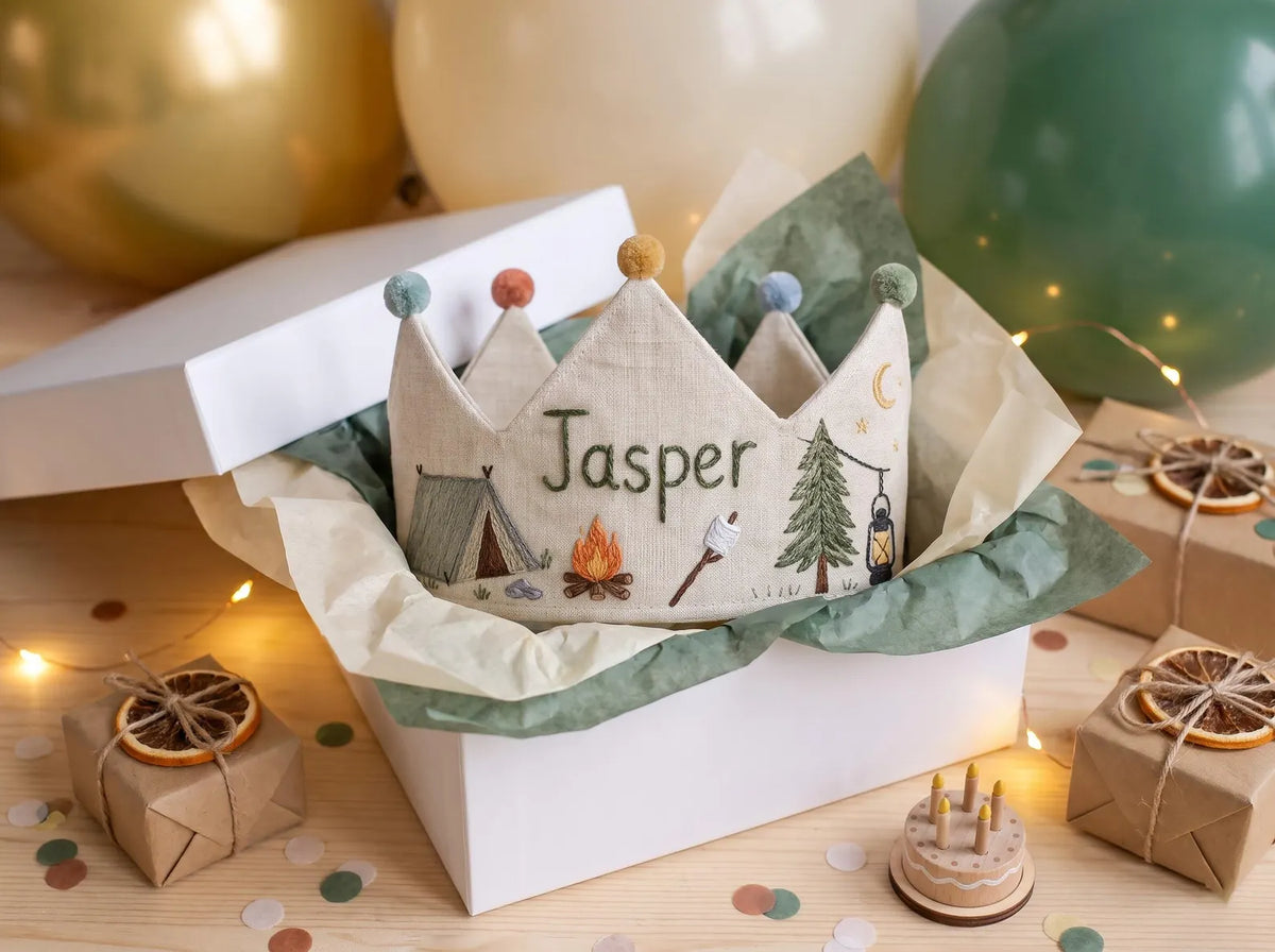 Personalized Birthday Crown, Hand Embroidered Camping Crown, Custom Name Linen Party Hat, Campfire Birthday Keepsake Gift for Little Campers