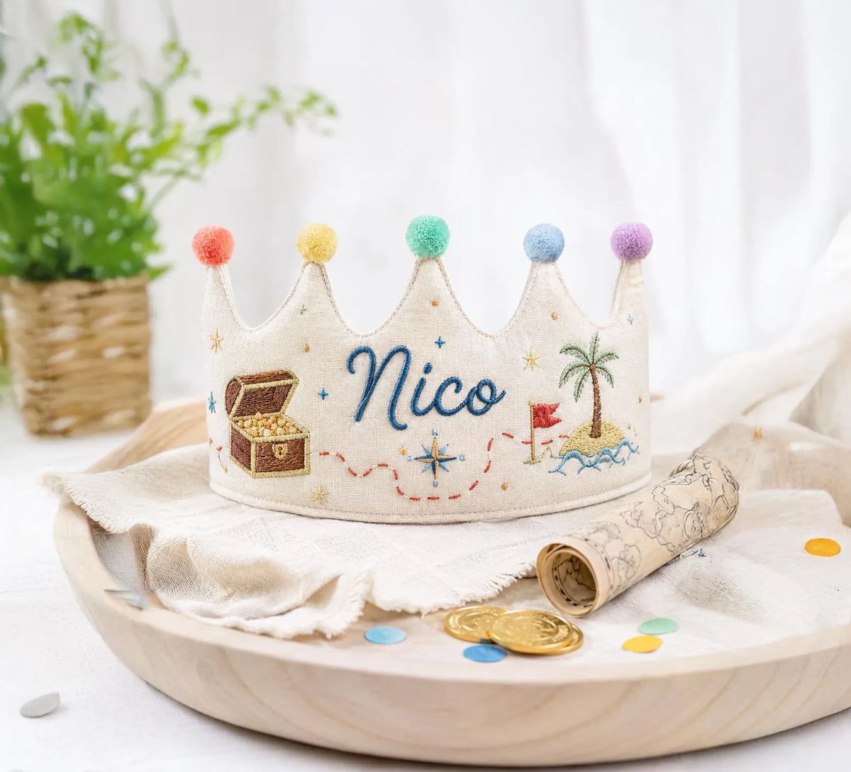 Personalized Birthday Crown, Hand Embroidered Treasure Hunt Crown, Custom Name Linen Party Hat, Pirate Birthday Keepsake Gift for Young Kids