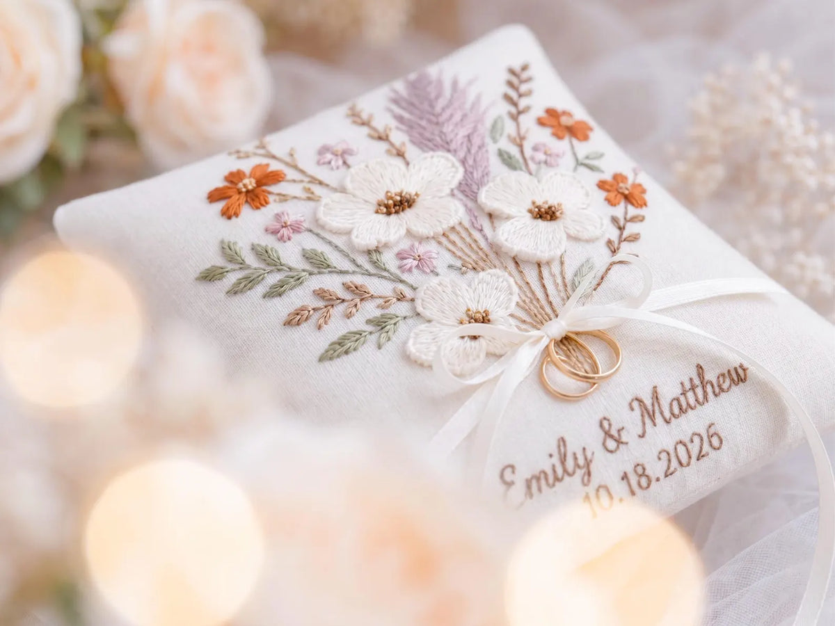 Personalized Wedding Ring Pillow, Boho Dried Floral Embroidered Linen Ring Bearer Pillow, Custom Names & Date, Rustic Wedding Keepsake Gifts