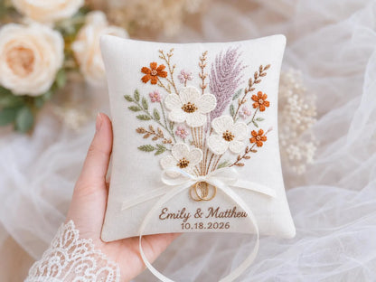 Personalized Wedding Ring Pillow, Boho Dried Floral Embroidered Linen Ring Bearer Pillow, Custom Names & Date, Rustic Wedding Keepsake Gifts