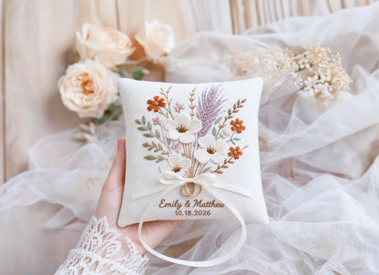 Personalized Wedding Ring Pillow, Boho Dried Floral Embroidered Linen Ring Bearer Pillow, Custom Names & Date, Rustic Wedding Keepsake Gifts