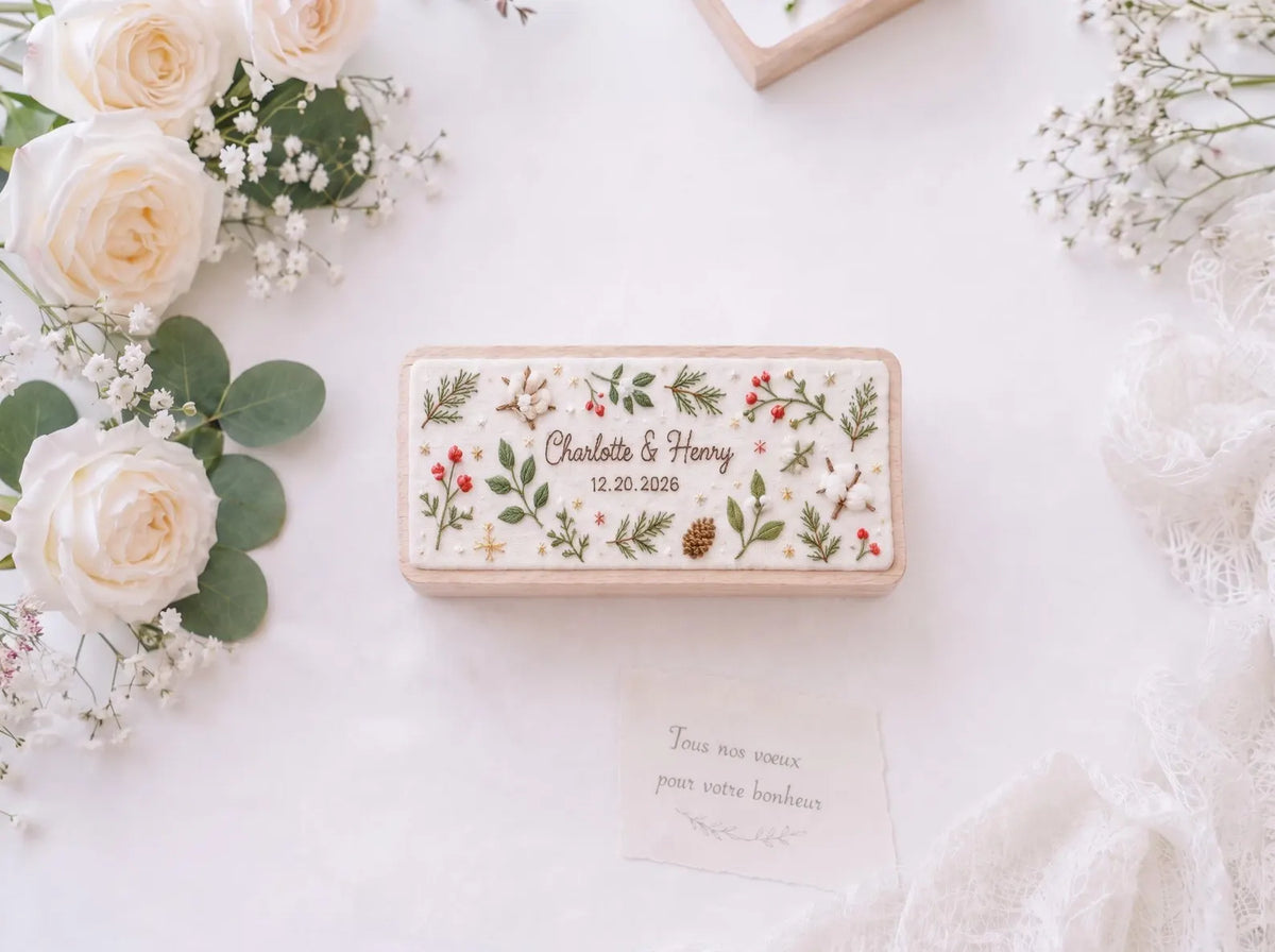 Personalized Christmas Wedding Ring Box, Hand Embroidered Wooden Ring Holder, Custom Names and Date, Winter Botanical Heirloom Keepsake Gift