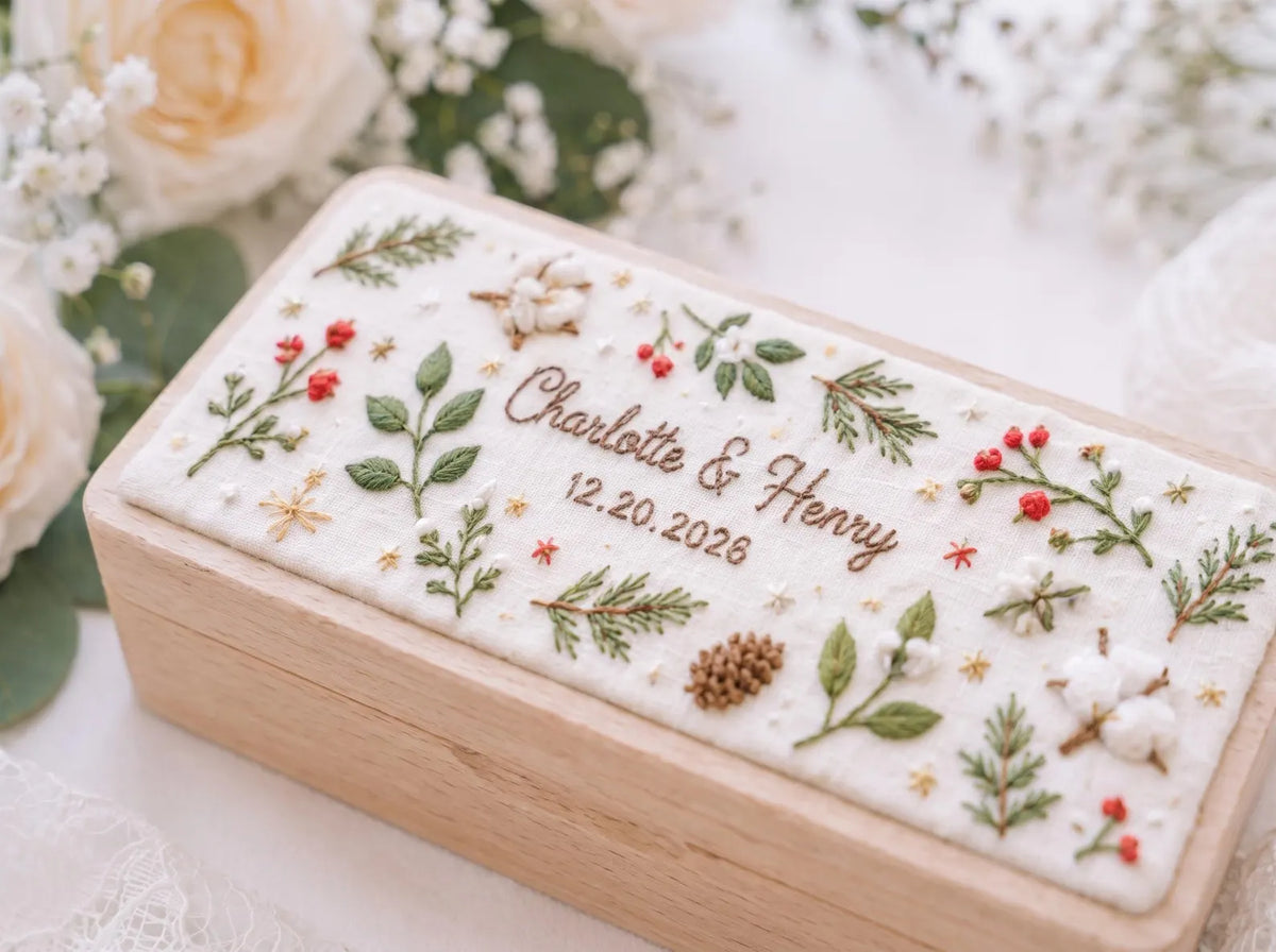 Personalized Christmas Wedding Ring Box, Hand Embroidered Wooden Ring Holder, Custom Names and Date, Winter Botanical Heirloom Keepsake Gift