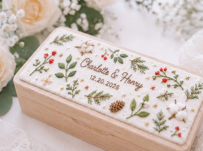 Personalized Christmas Wedding Ring Box, Hand Embroidered Wooden Ring Holder, Custom Names and Date, Winter Botanical Heirloom Keepsake Gift