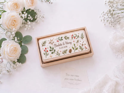 Personalized Christmas Wedding Ring Box, Hand Embroidered Wooden Ring Holder, Custom Names and Date, Winter Botanical Heirloom Keepsake Gift