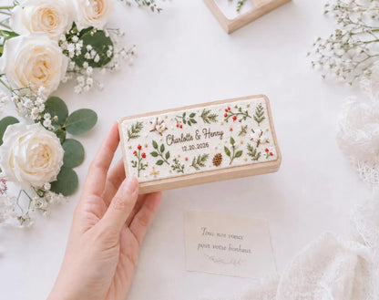 Personalized Christmas Wedding Ring Box, Hand Embroidered Wooden Ring Holder, Custom Names and Date, Winter Botanical Heirloom Keepsake Gift