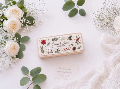 Personalized Christmas Wedding Ring Box, Hand Embroidered Wooden Ring Holder, Poinsettia Holly and Mistletoe, Custom Names and Date Gift Box