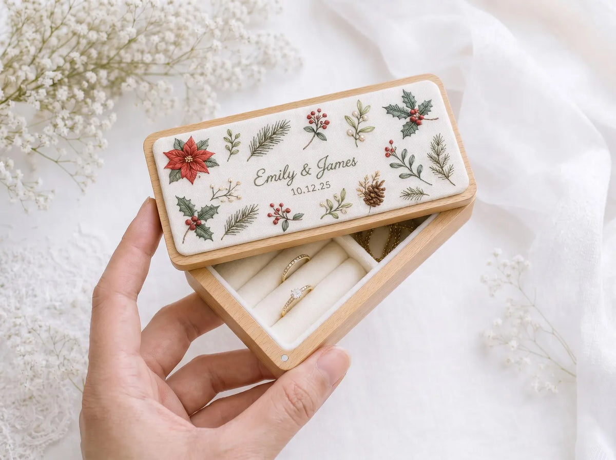 Personalized Christmas Wedding Ring Box, Hand Embroidered Poinsettia Holly and Pinecones, Custom Names and Date, Wooden Bridal Keepsake Gift