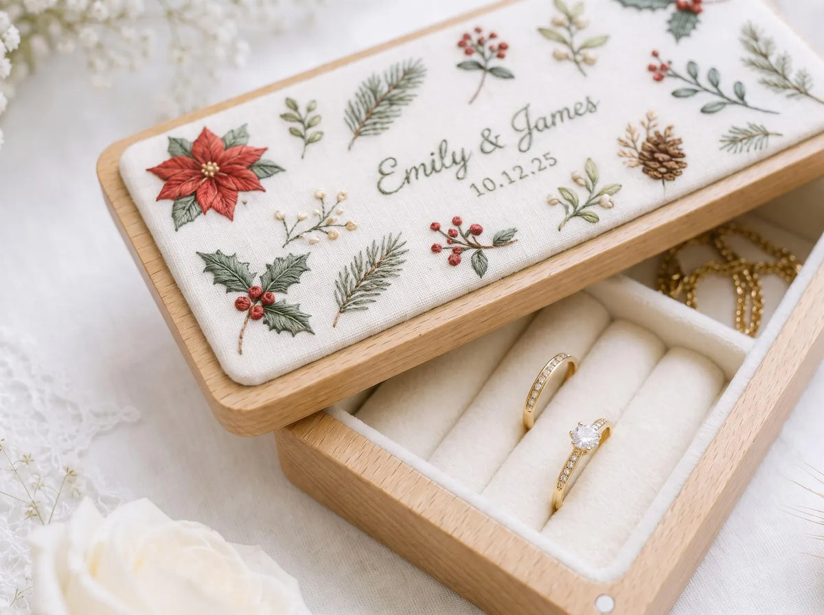 Personalized Christmas Wedding Ring Box, Hand Embroidered Poinsettia Holly and Pinecones, Custom Names and Date, Wooden Bridal Keepsake Gift
