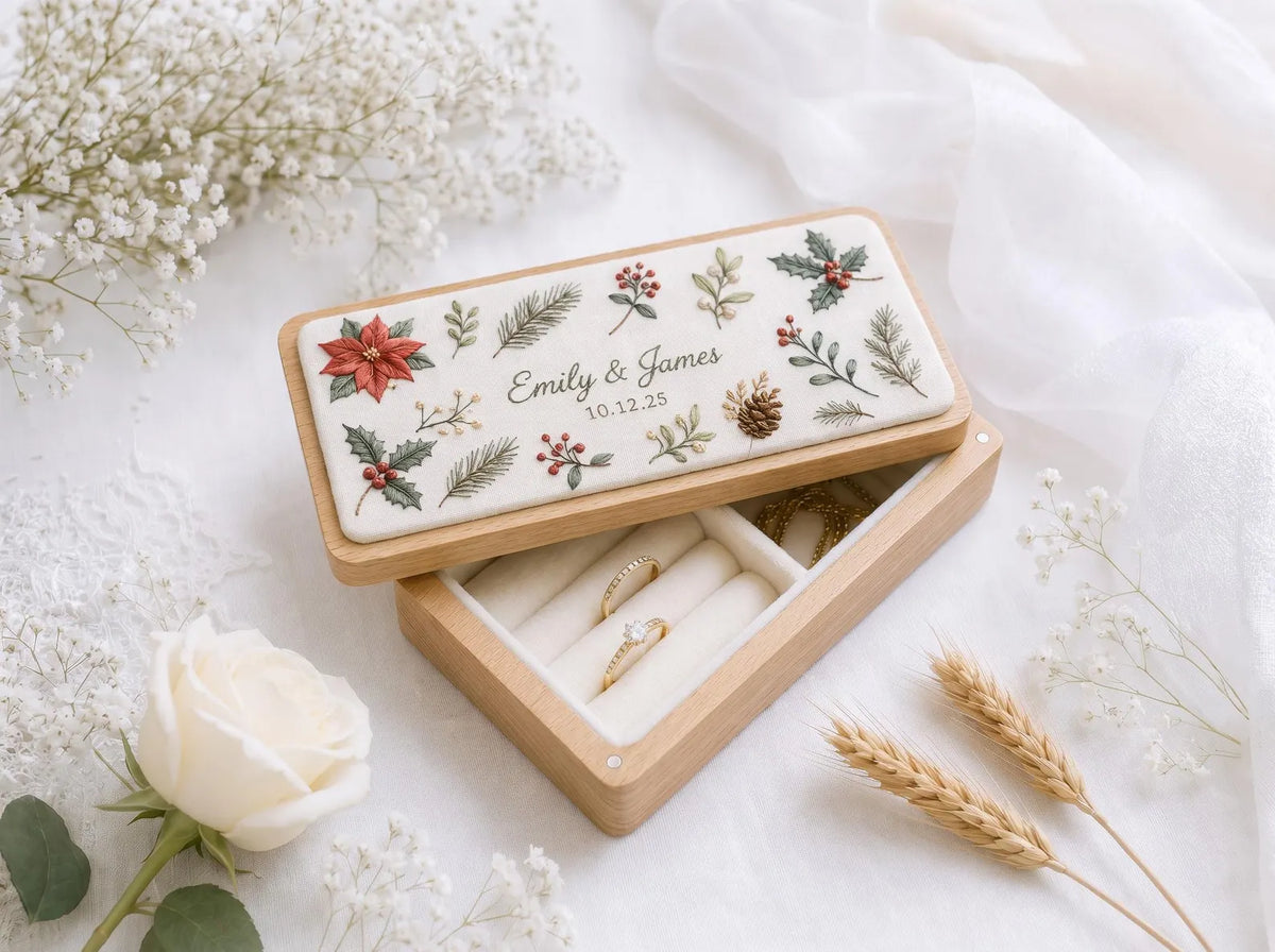 Personalized Christmas Wedding Ring Box, Hand Embroidered Poinsettia Holly and Pinecones, Custom Names and Date, Wooden Bridal Keepsake Gift