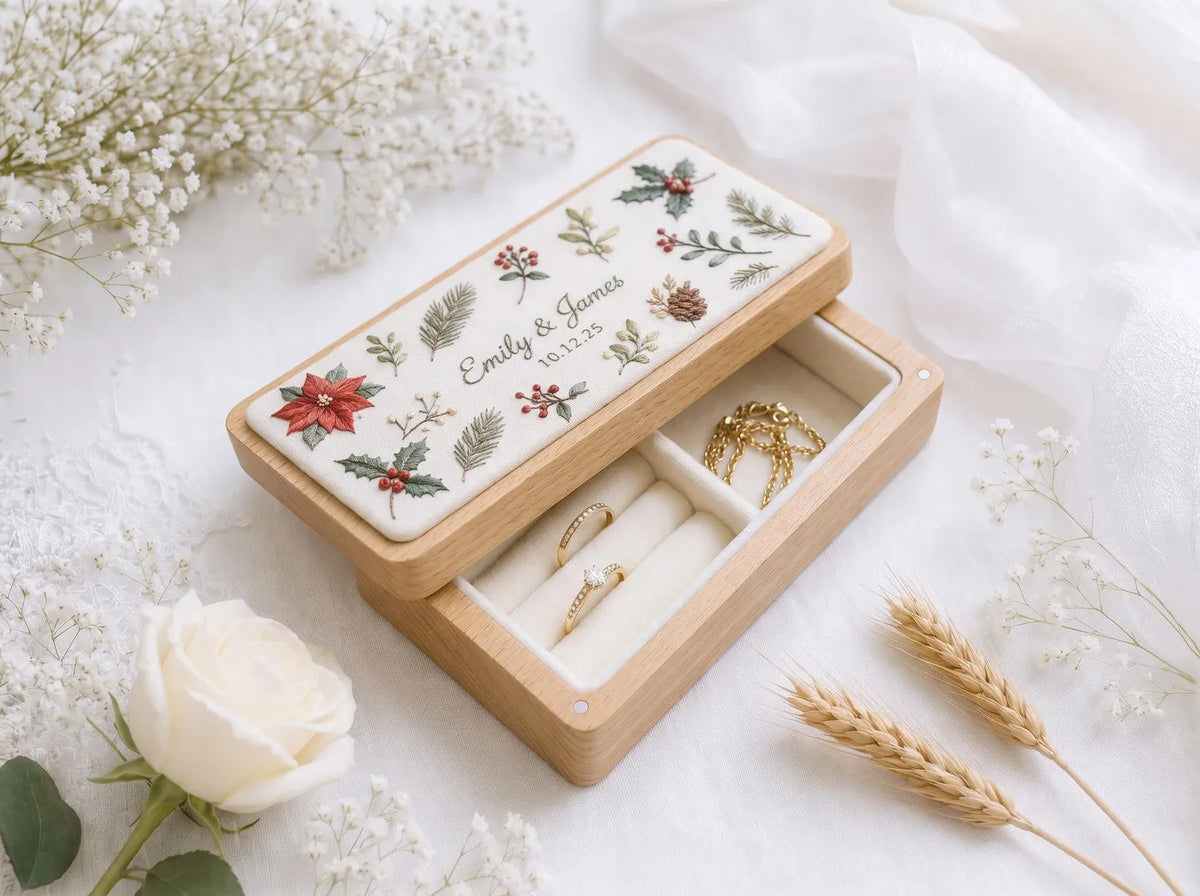 Personalized Christmas Wedding Ring Box, Hand Embroidered Poinsettia Holly and Pinecones, Custom Names and Date, Wooden Bridal Keepsake Gift