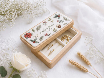 Personalized Christmas Wedding Ring Box, Hand Embroidered Poinsettia Holly and Pinecones, Custom Names and Date, Wooden Bridal Keepsake Gift