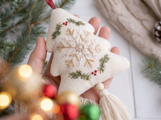 Embroidered Christmas Tree Ornament, Snowflake Linen Ornament, Rustic Holiday Decor, Neutral Xmas Keepsake, Handmade Home Gift for Christmas