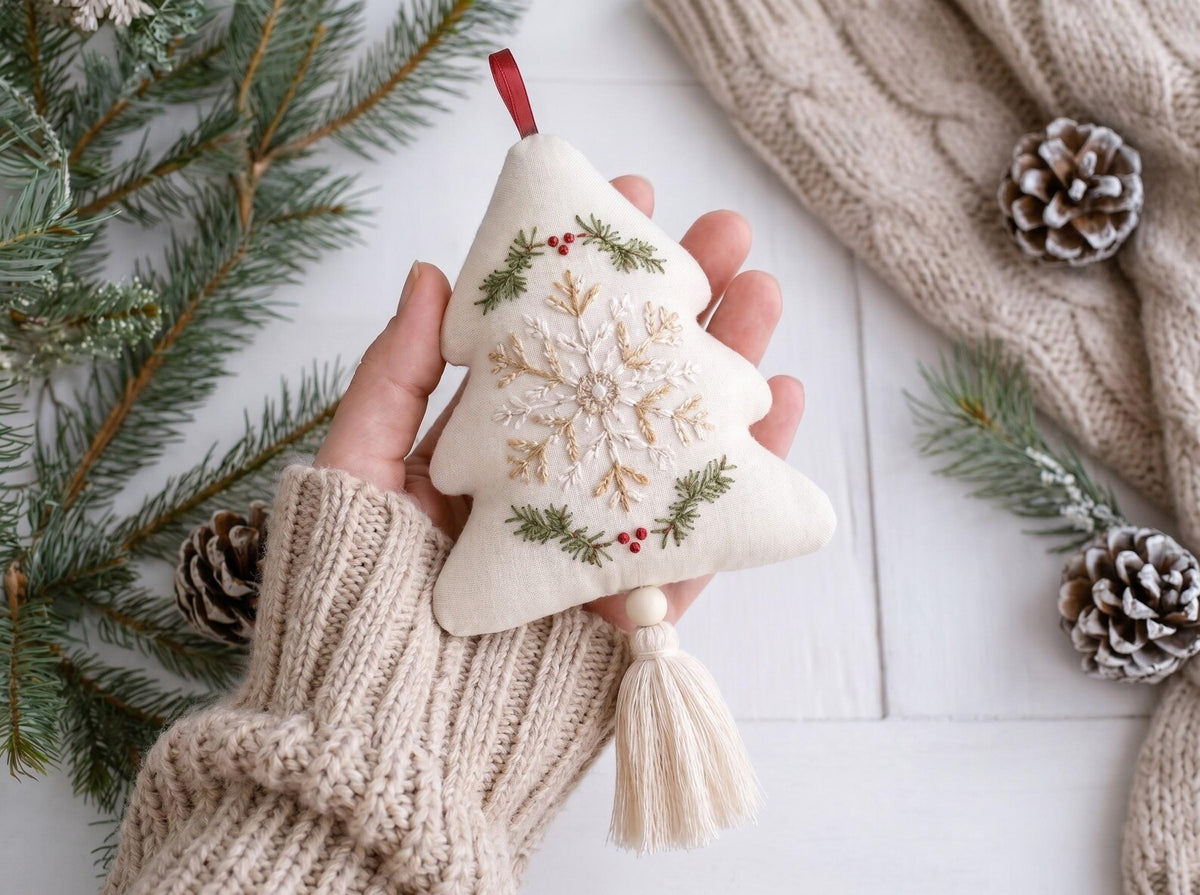 Embroidered Christmas Tree Ornament, Snowflake Linen Ornament, Rustic Holiday Decor, Neutral Xmas Keepsake, Handmade Home Gift for Christmas