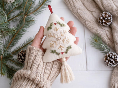 Embroidered Christmas Tree Ornament, Snowflake Linen Ornament, Rustic Holiday Decor, Neutral Xmas Keepsake, Handmade Home Gift for Christmas