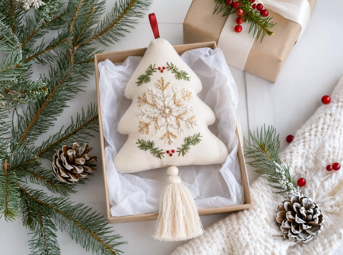 Embroidered Christmas Tree Ornament, Snowflake Linen Ornament, Rustic Holiday Decor, Neutral Xmas Keepsake, Handmade Home Gift for Christmas