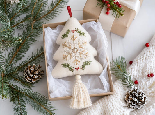 Embroidered Christmas Tree Ornament, Snowflake Linen Ornament, Rustic Holiday Decor, Neutral Xmas Keepsake, Handmade Home Gift for Christmas